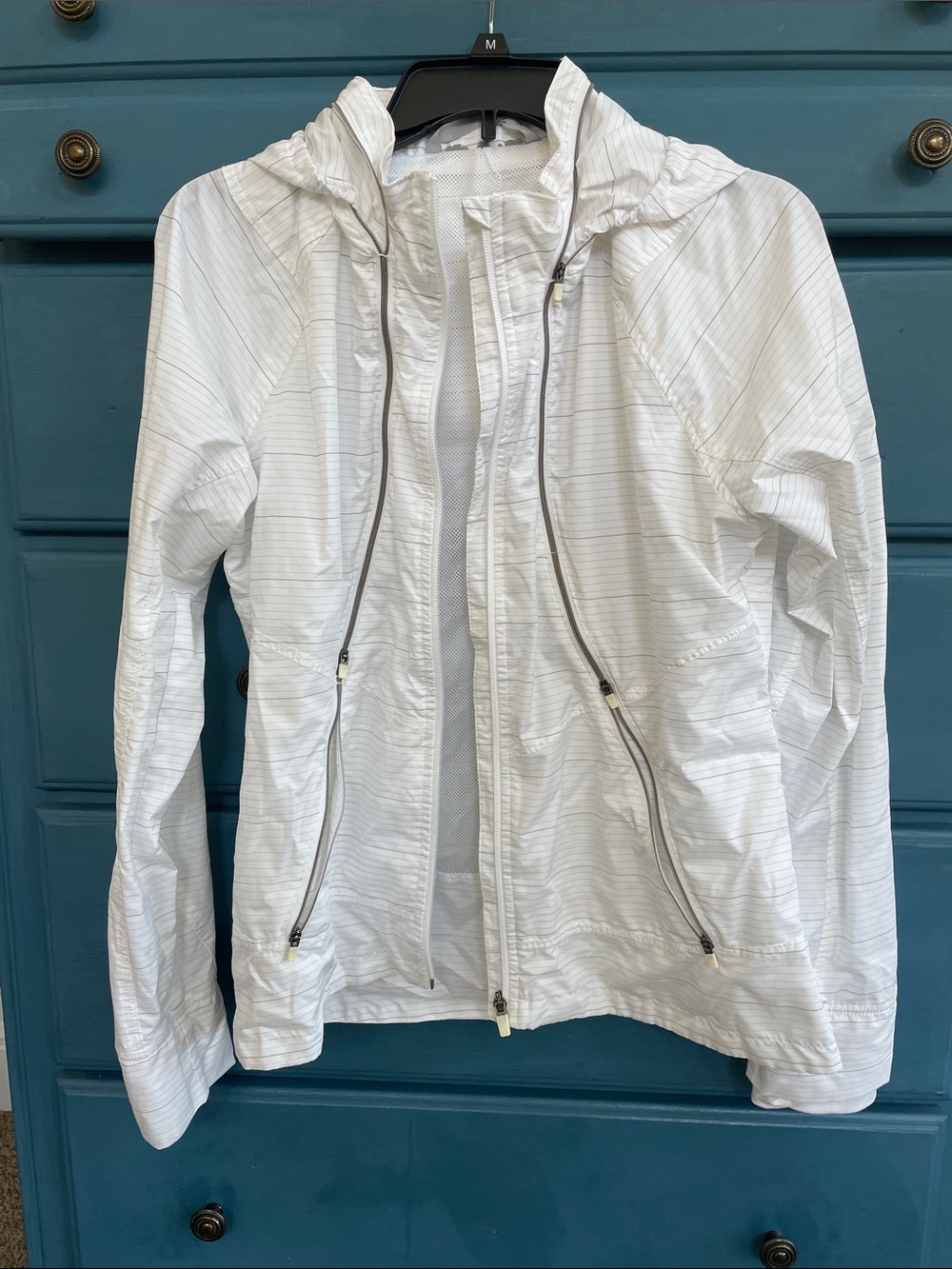 Athleta White Hooded Jacket with Subtle Pinstripes